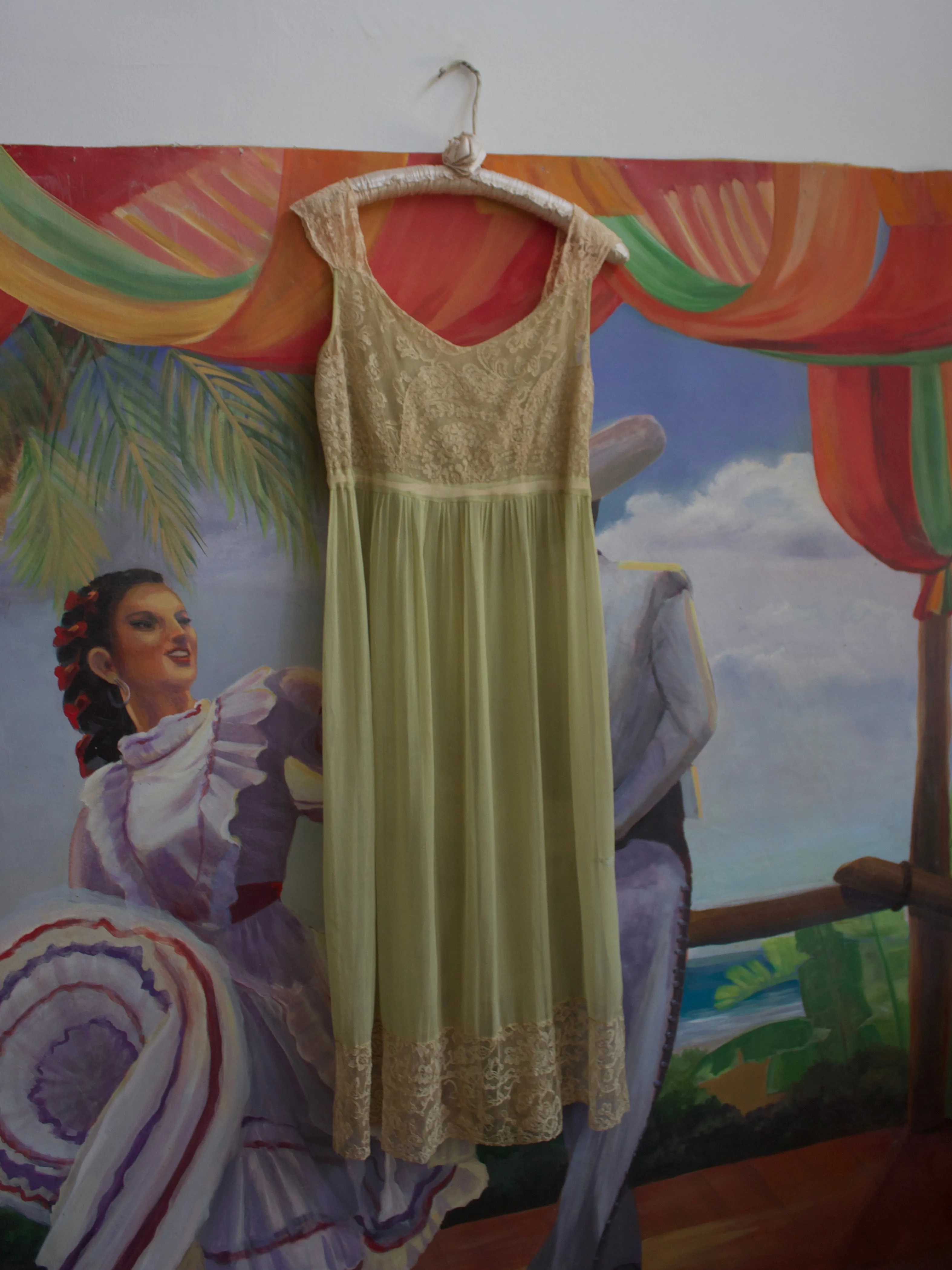 1920s Ecru Lace Mint Chiffon Floral Ribbon-work Dress