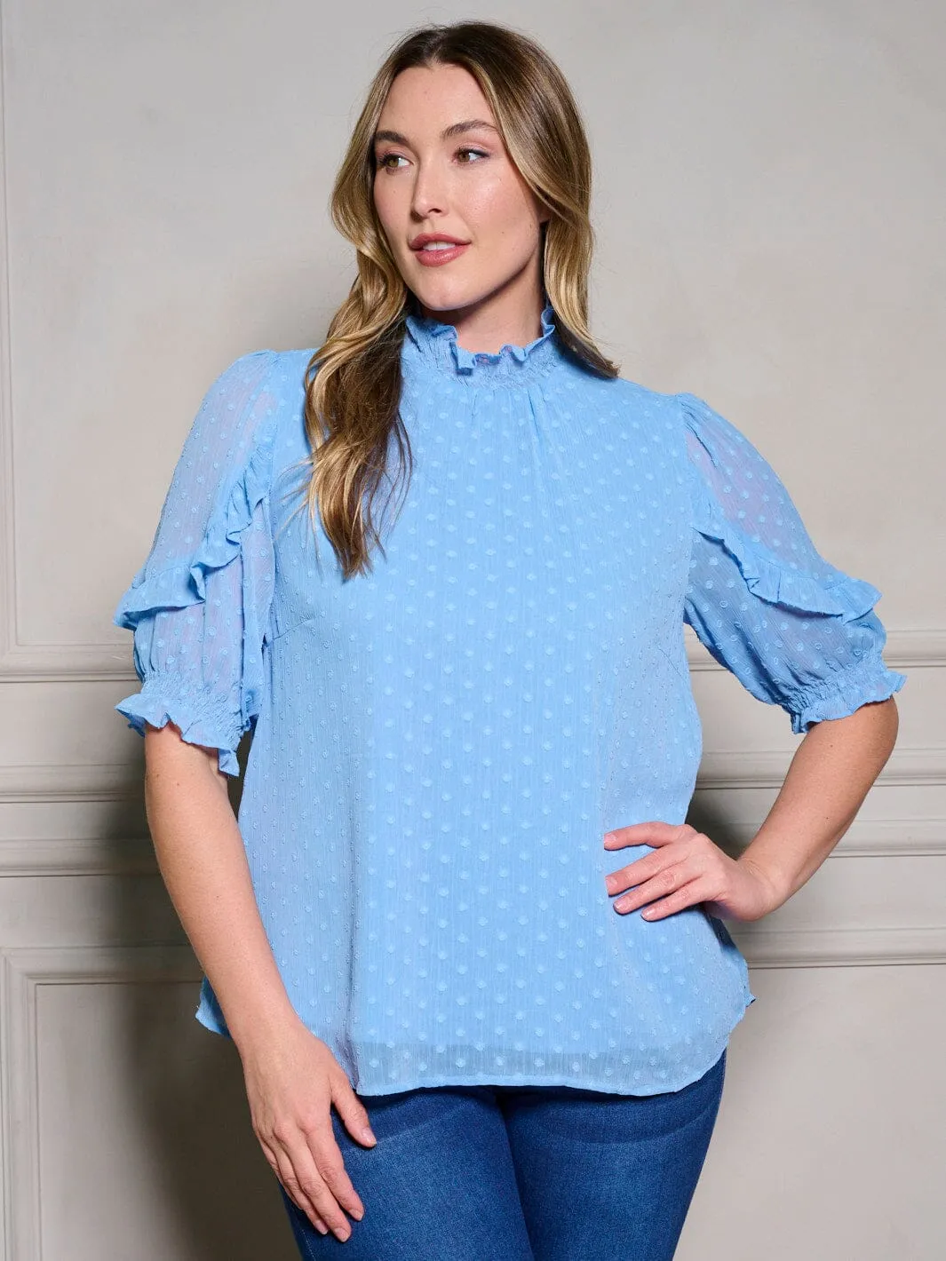 PLUS SIZE SHORT RUFFLE SLEEVE MOCK NECK SWISS DOTS BLOUSE TOP