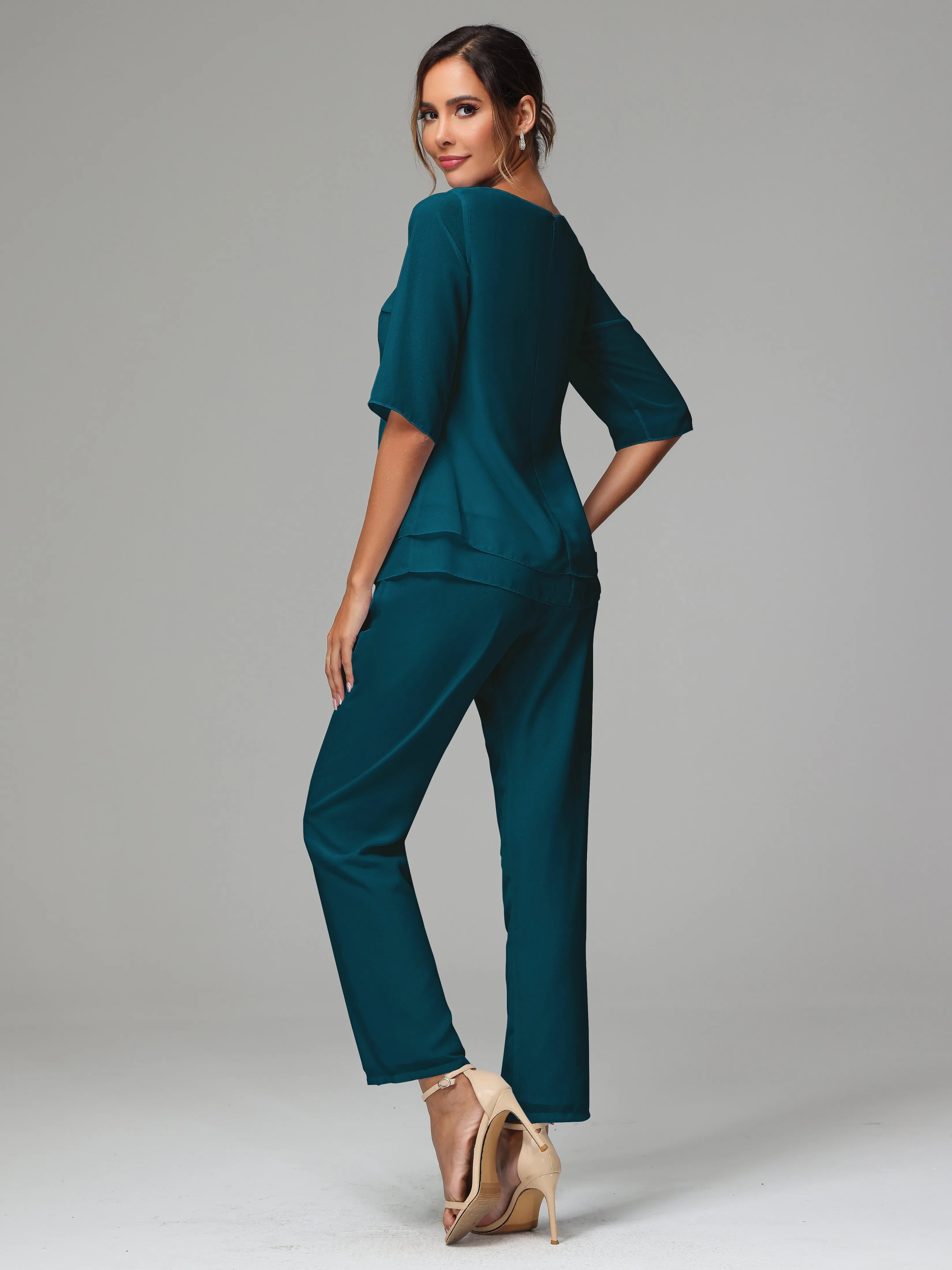 Simple Chiffon Half Sleeves Mother Of The Bride Dress Pants Suits