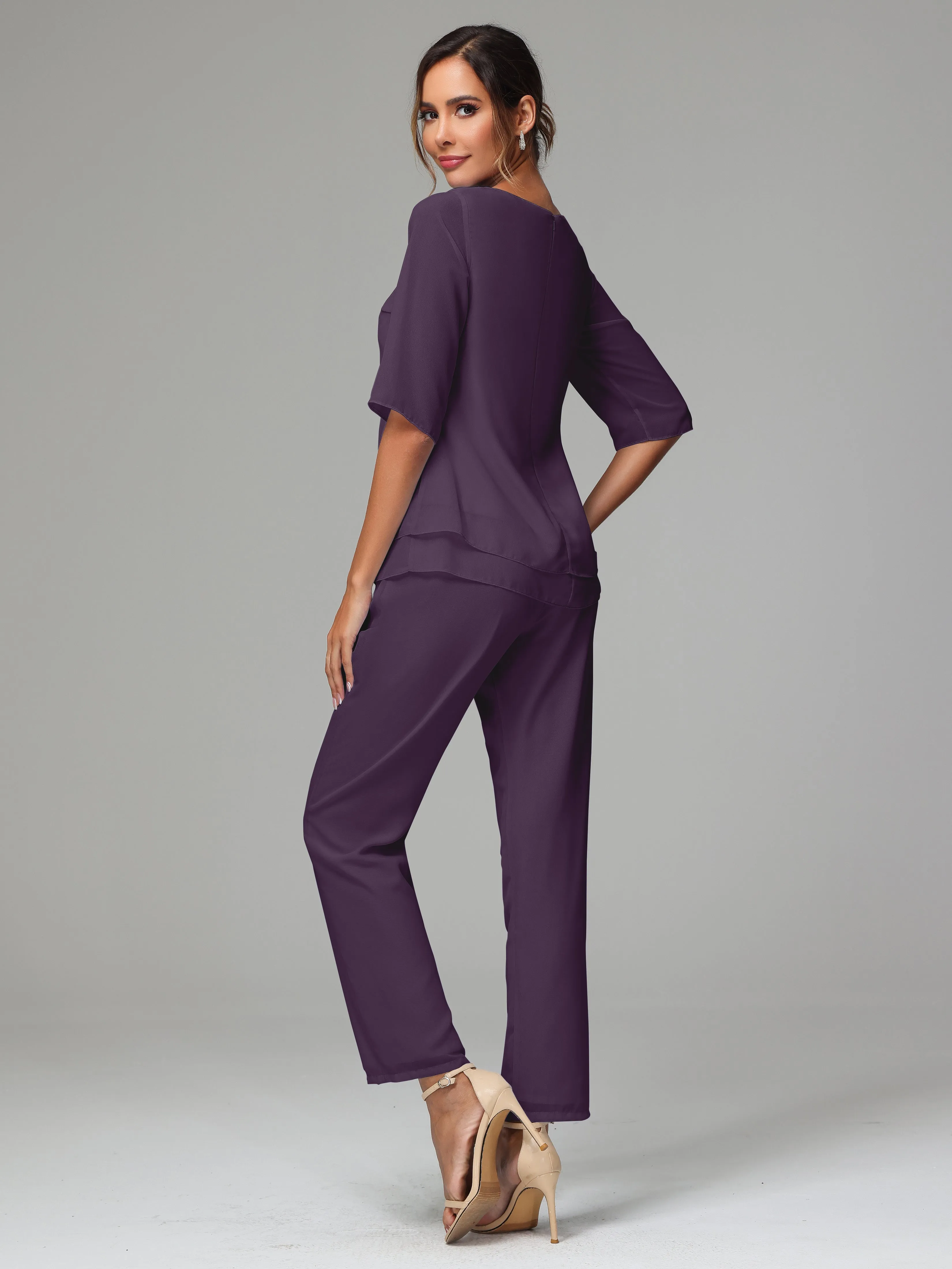 Simple Chiffon Half Sleeves Mother Of The Bride Dress Pants Suits