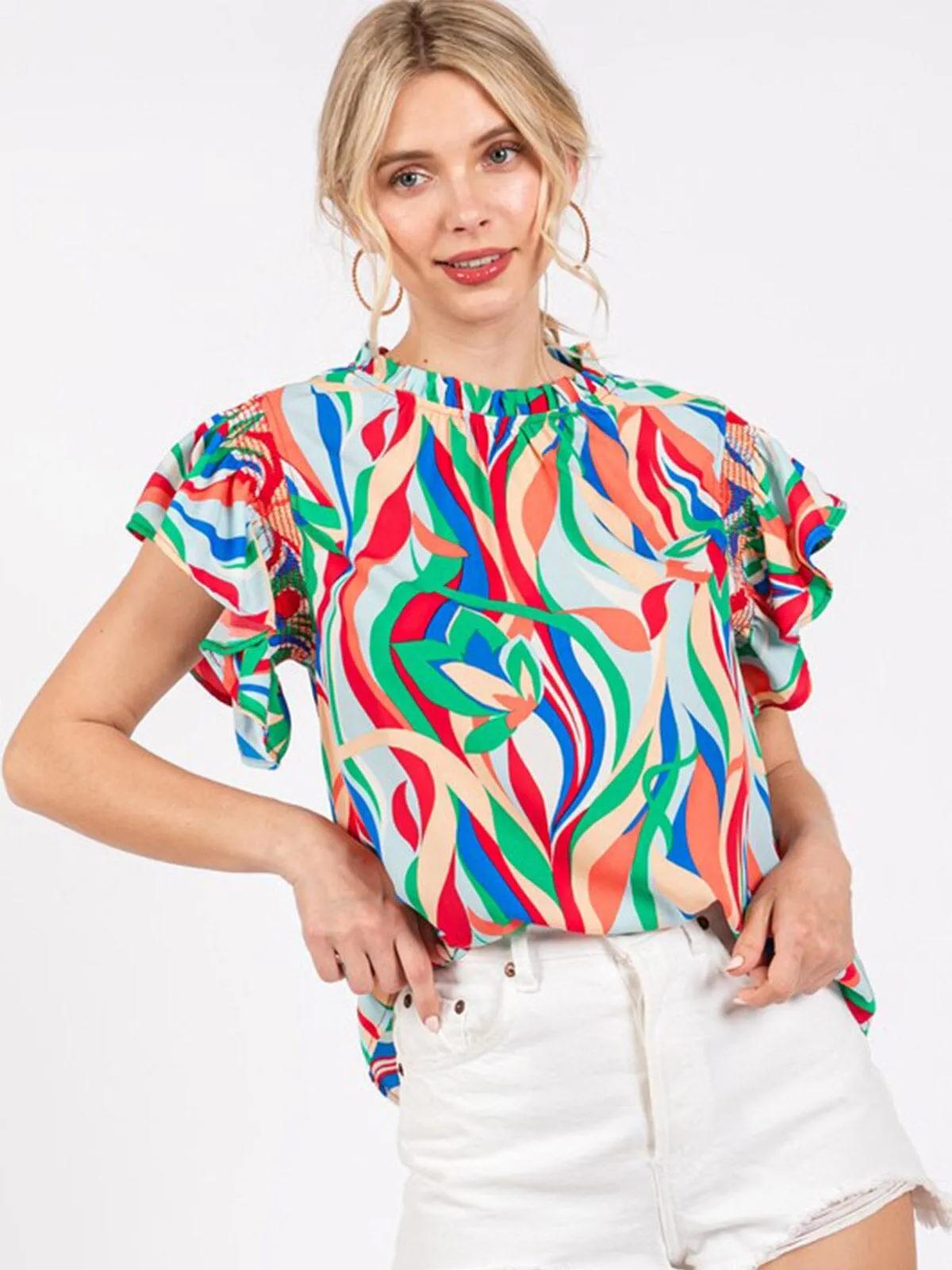 WOMEN'S SHORT RUFFLE SLEEVE MULTI PRINT BLOUSE